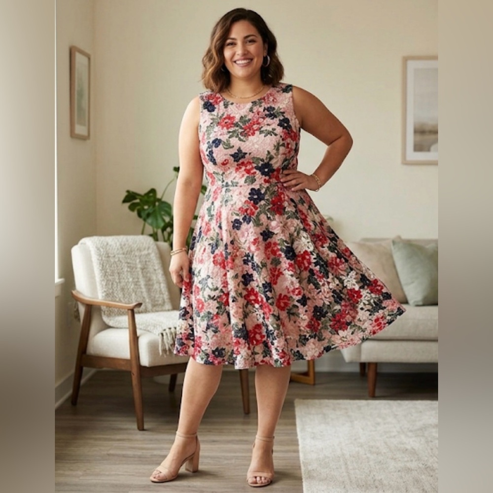 Danny & Nicole Pink Floral Fit-and-Flare Midi Dress